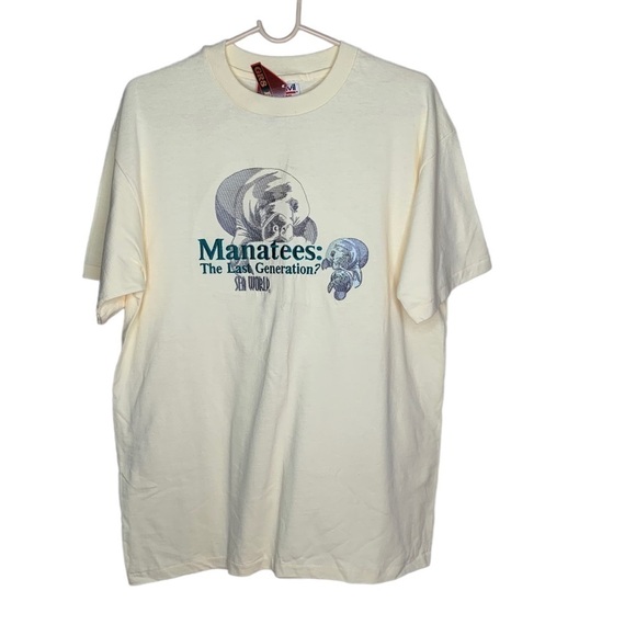 Vtg Anvil Sea World Manatee t shirt large Yellow embroidered BNWT Deadstock - Picture 1 of 5